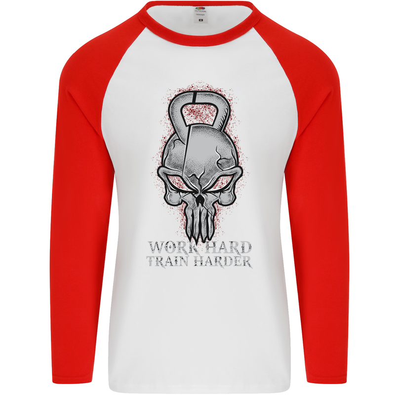 Work Hard Train Harder Training Top Workout Mens L/S Baseball T-Shirt White/Red