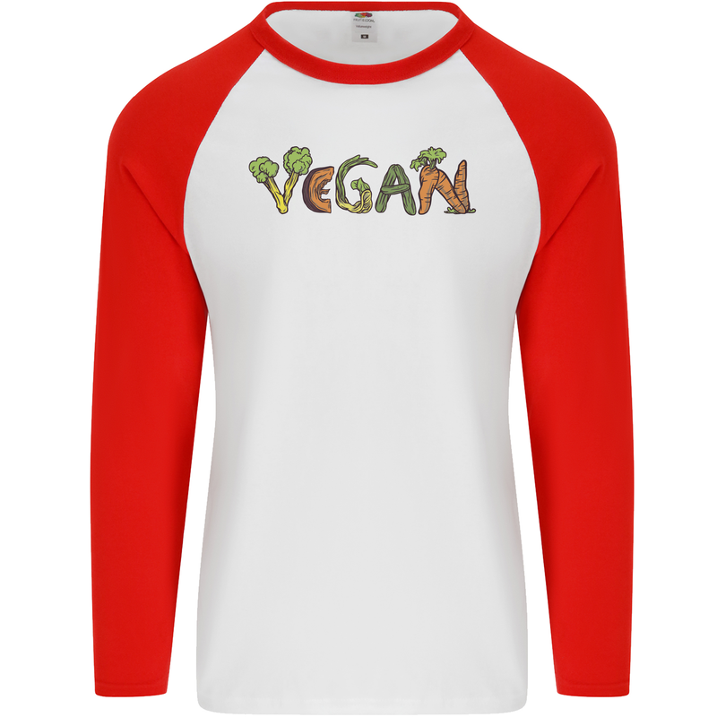 Vegan Vegetables Mens L/S Baseball T-Shirt White/Red