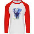 Elephant Watercolour Mens L/S Baseball T-Shirt White/Red