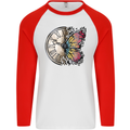 Butterfly Clock Mens L/S Baseball T-Shirt White/Red