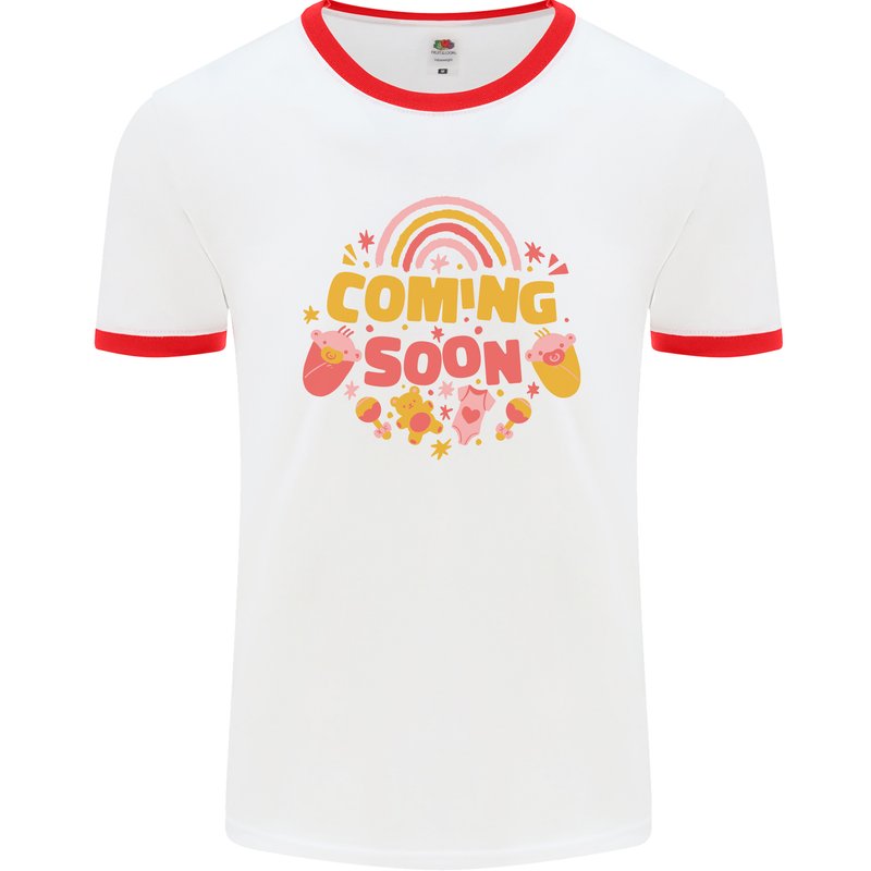 Coming Soon New Baby Pregnancy Pregnant Mens Ringer T-Shirt White/Red