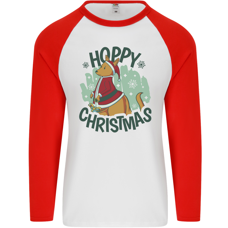 Hoppy Christmas Funny Kangaroo Xmas Mens L/S Baseball T-Shirt White/Red