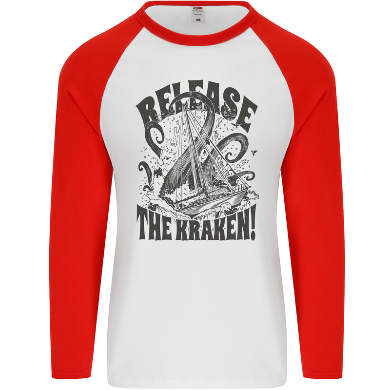 Release the Kraken Cthulhu Sea Creature Mens L/S Baseball T-Shirt White/Red
