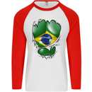 Gym Brazilian Flag Ripped Muscles Brazil Mens L/S Baseball T-Shirt White/Red