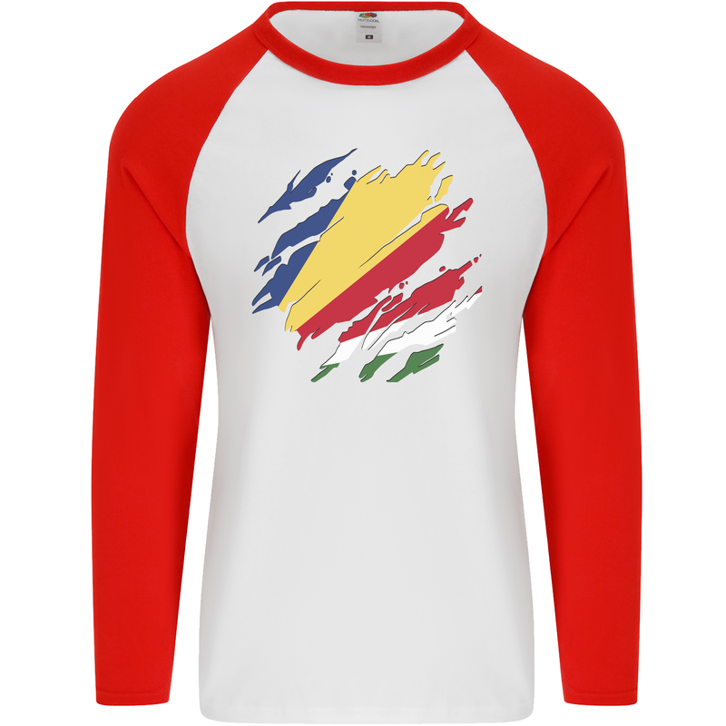 Torn Seychelles Flag Seychellois Day Football Mens L/S Baseball T-Shirt White/Red