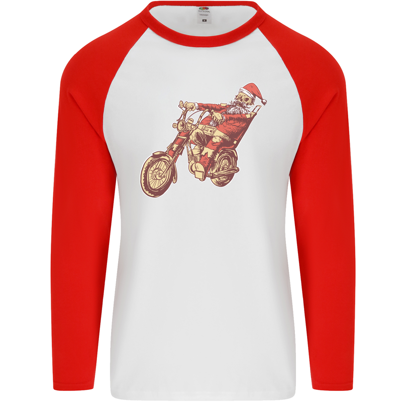 Biker Santa Christmas Motorcycle Chopper Skull Mens L/S Baseball T-Shirt White/Red