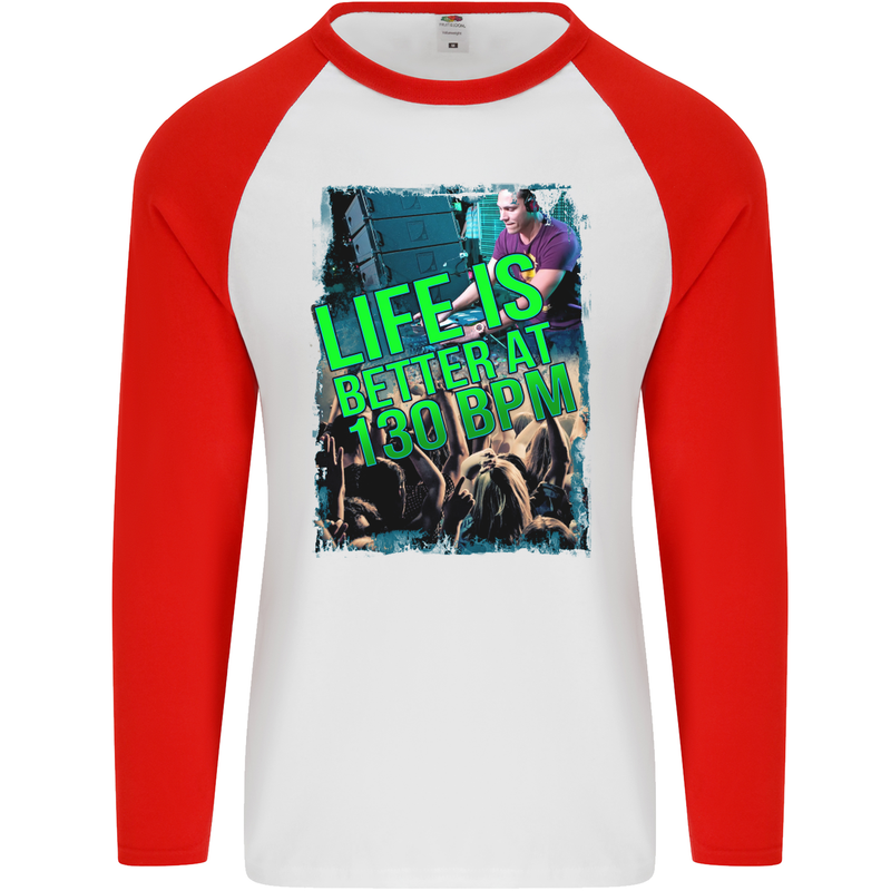 Life Is Better at 130 Bpm Dance Music DJ Mens L/S Baseball T-Shirt White/Red