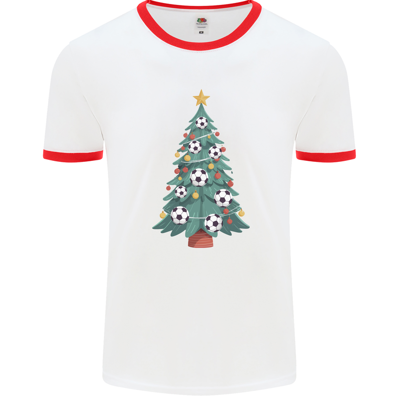 Christmas Football Tree Xmas Soccer Footy Mens Ringer T-Shirt White/Red