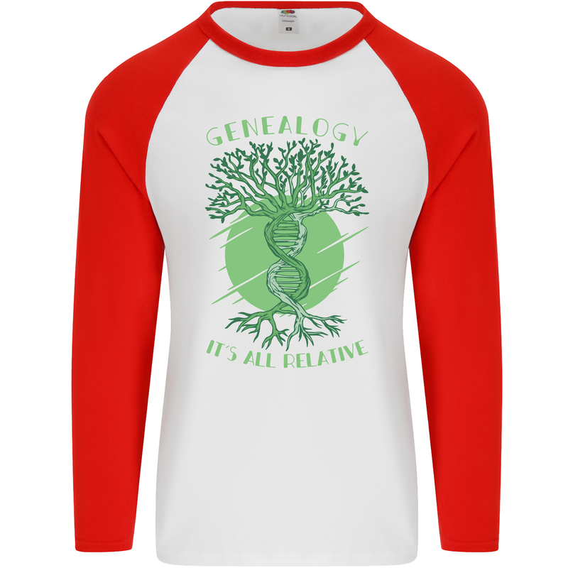 Genealogy Its All Relative Funny DNA Ancestry Mens L/S Baseball T-Shirt White/Red