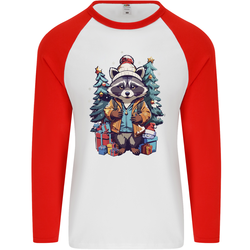 A Cool Christmas Racoon Xmas Mens L/S Baseball T-Shirt White/Red