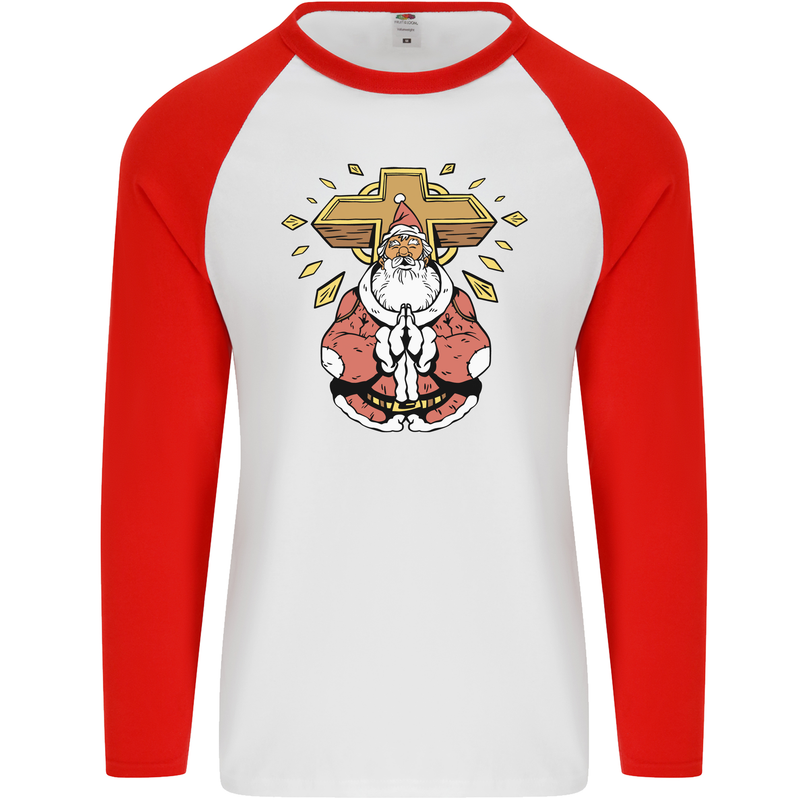 Christmas Praying Santa Christian Christianity God Mens L/S Baseball T-Shirt White/Red