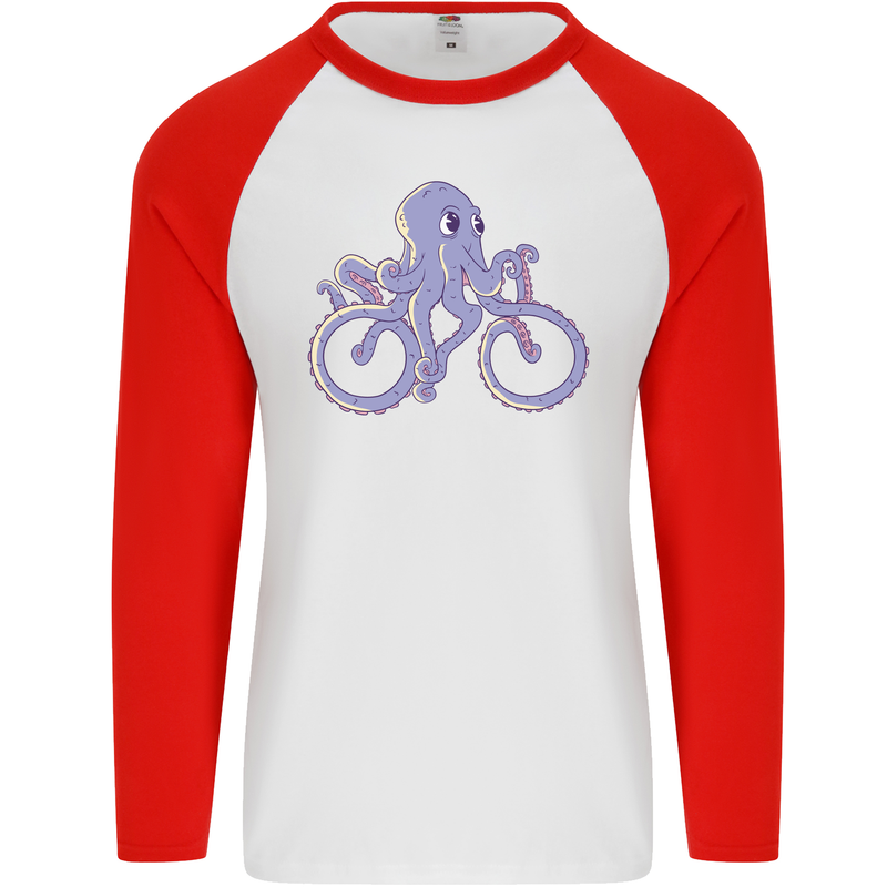 A Cycling Octopus Funny Cyclist Bicycle Mens L/S Baseball T-Shirt White/Red