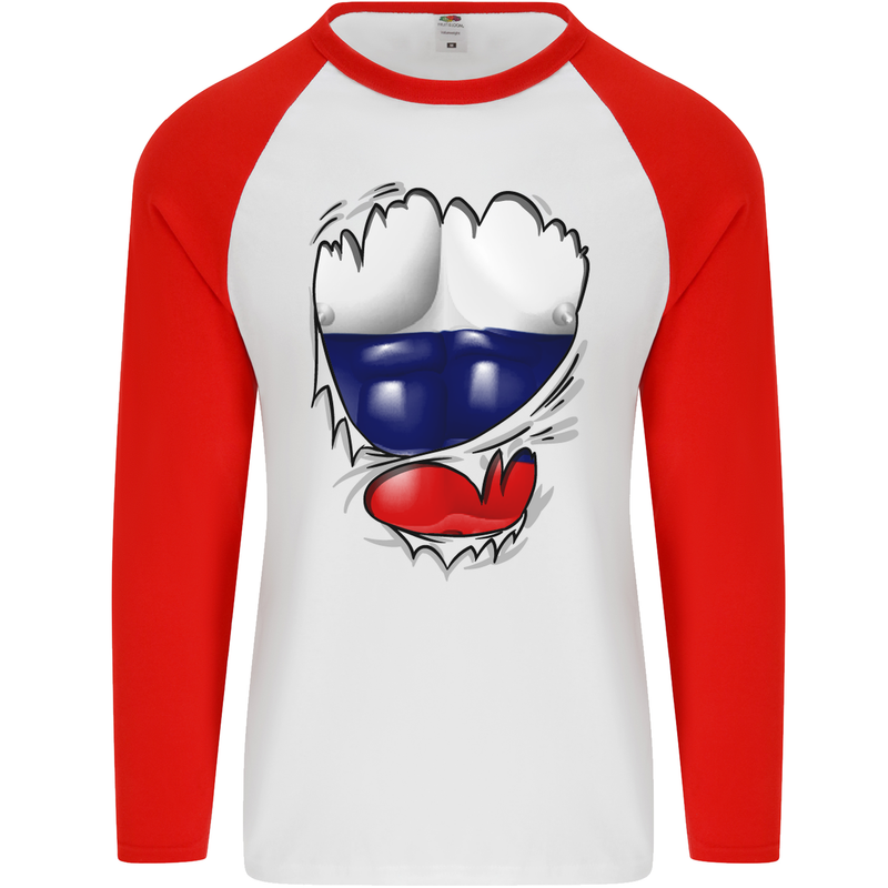 Gym Russian Flag Ripped Muscles Russia Mens L/S Baseball T-Shirt White/Red