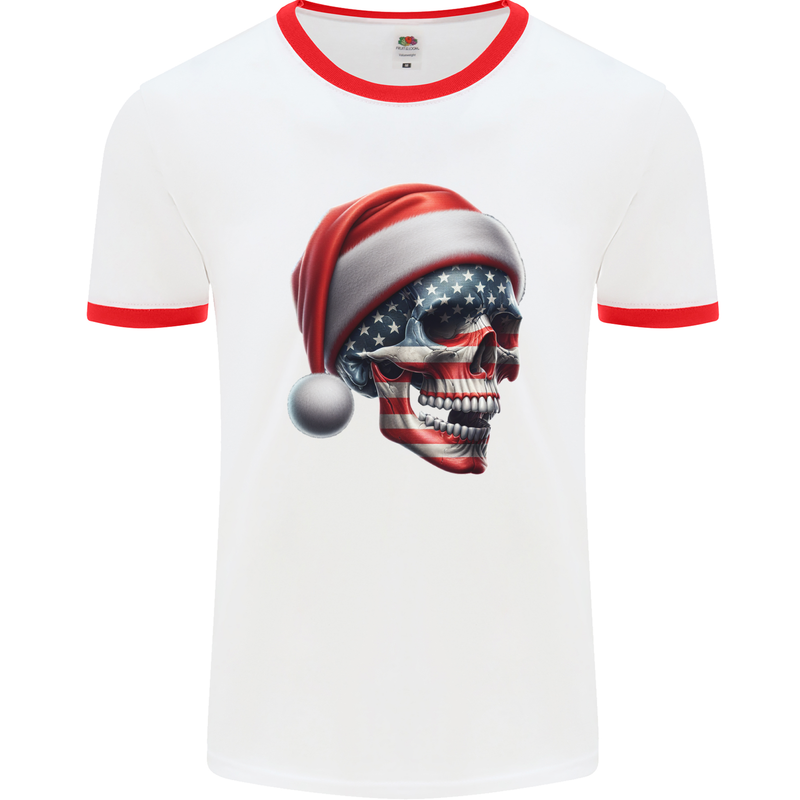 USA Christmas Skull Xmas American Flag Biker Mens Ringer T-Shirt White/Red