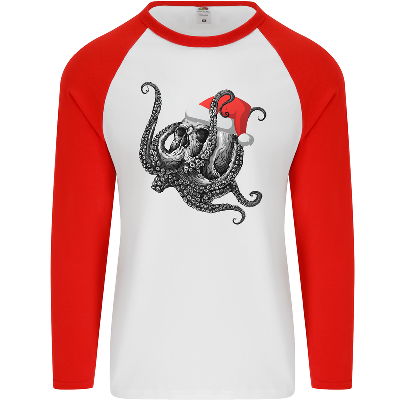 Christmas Cthulhu Skull Mens L/S Baseball T-Shirt White/Red