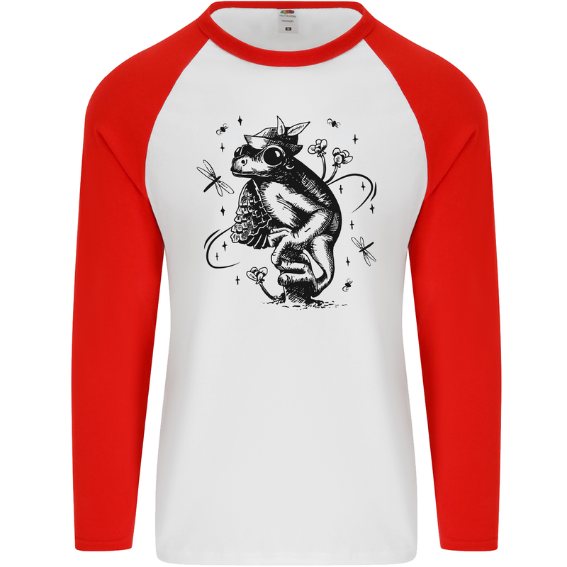 A Frog on a Mushroom Mens L/S Baseball T-Shirt White/Red