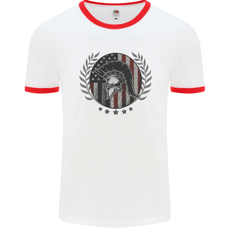 USA Bodybuilding Flag Gym Training Spartan Mens Ringer T-Shirt White/Red