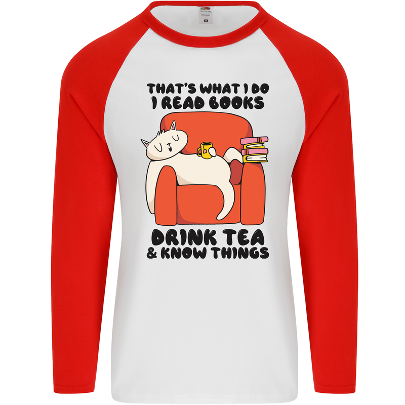 I Drink Tea and Know Things Funny Cat Mens L/S Baseball T-Shirt White/Red