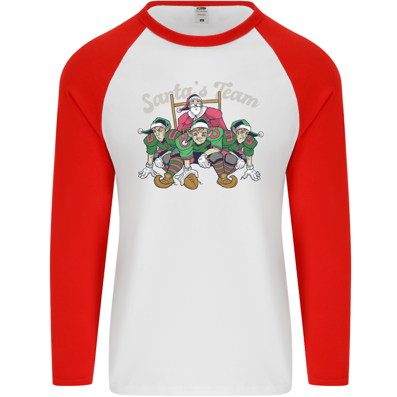 Santa American Football Team Christmas Xmas Mens L/S Baseball T-Shirt White/Red