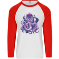 Purple Cthulhu Kraken Octopus Mens L/S Baseball T-Shirt White/Red