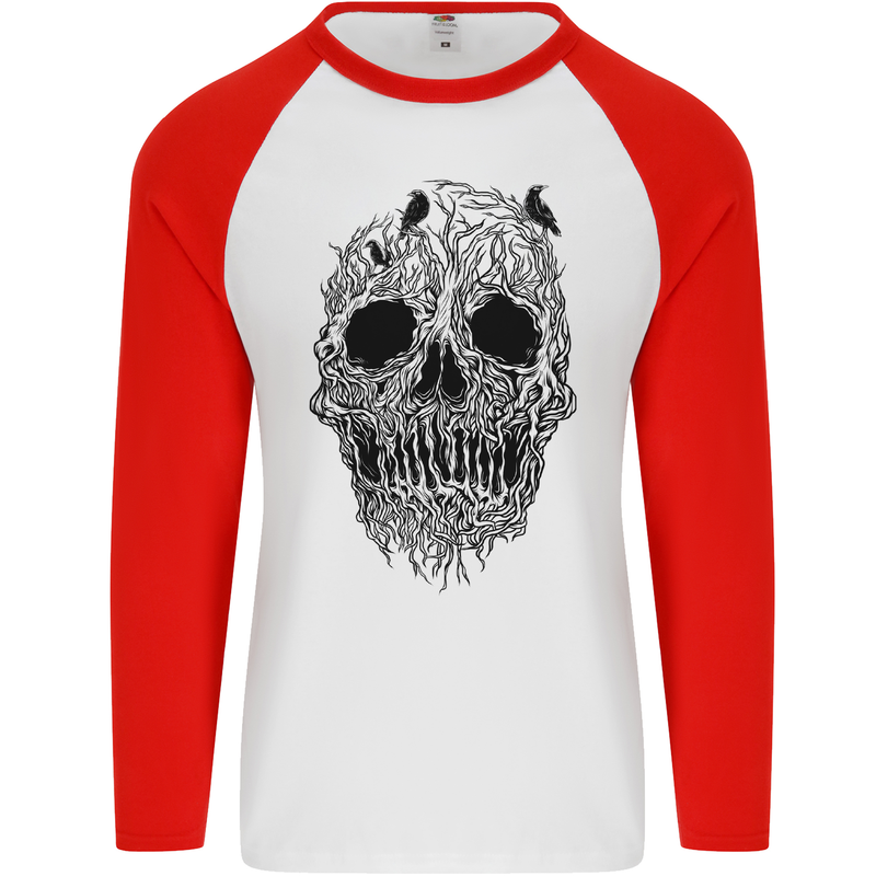 Tree Skull Mens L/S Baseball T-Shirt White/Red