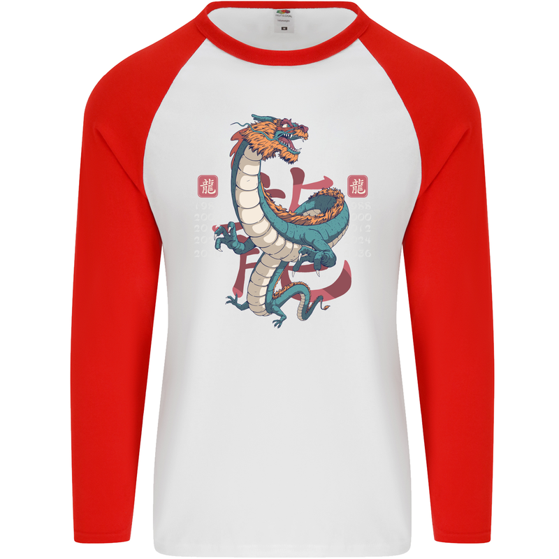 Chinese Zodiac Shengxiao Year of the Dragon Mens L/S Baseball T-Shirt White/Red