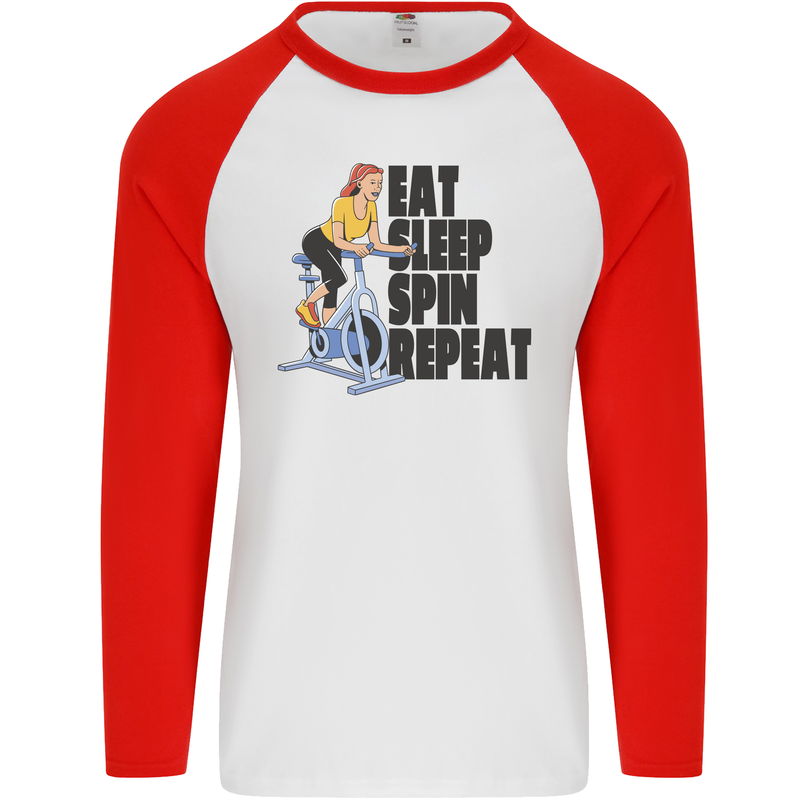 Spinning Eat Sleep Spin Repeat Cycling Mens L/S Baseball T-Shirt White/Red