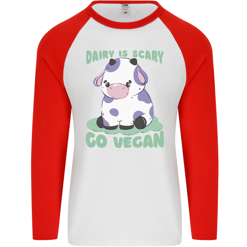 Dairy Is Scary Go Vegan Funny Mens L/S Baseball T-Shirt White/Red