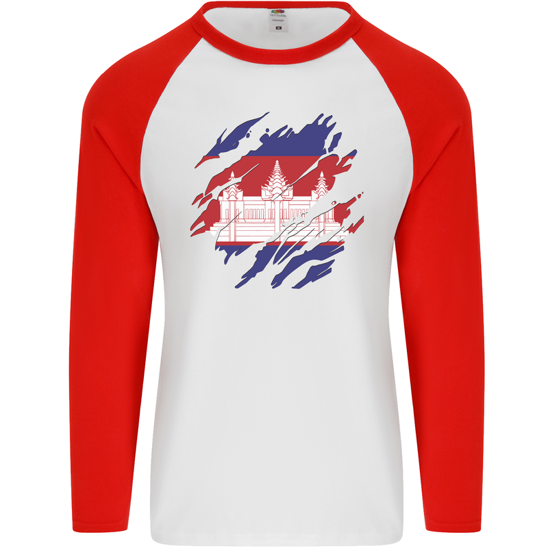 Torn Cambodia Flag Cambodian Day Football Mens L/S Baseball T-Shirt White/Red