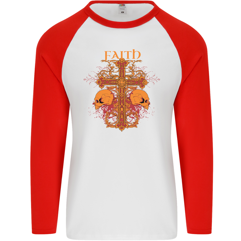 Faith Demonic Skulls Gothic Heavy Metal Mens L/S Baseball T-Shirt White/Red