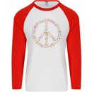 Floral Peace Symbol Hippie Love Mens L/S Baseball T-Shirt White/Red