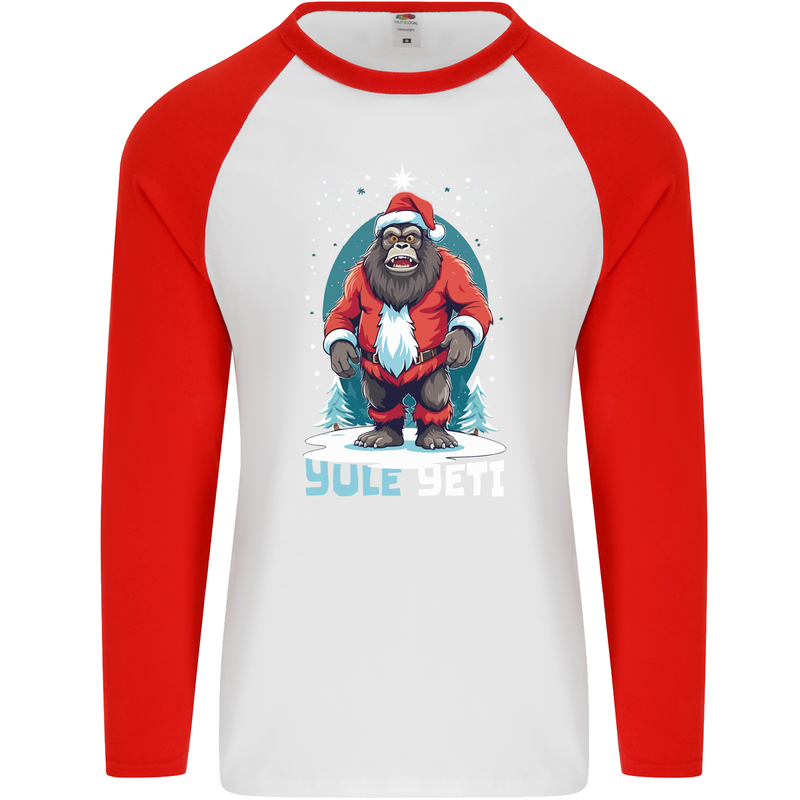 Yule Yeti Funny Christmas Bigfoot Sasquatch Xmas Mens L/S Baseball T-Shirt White/Red