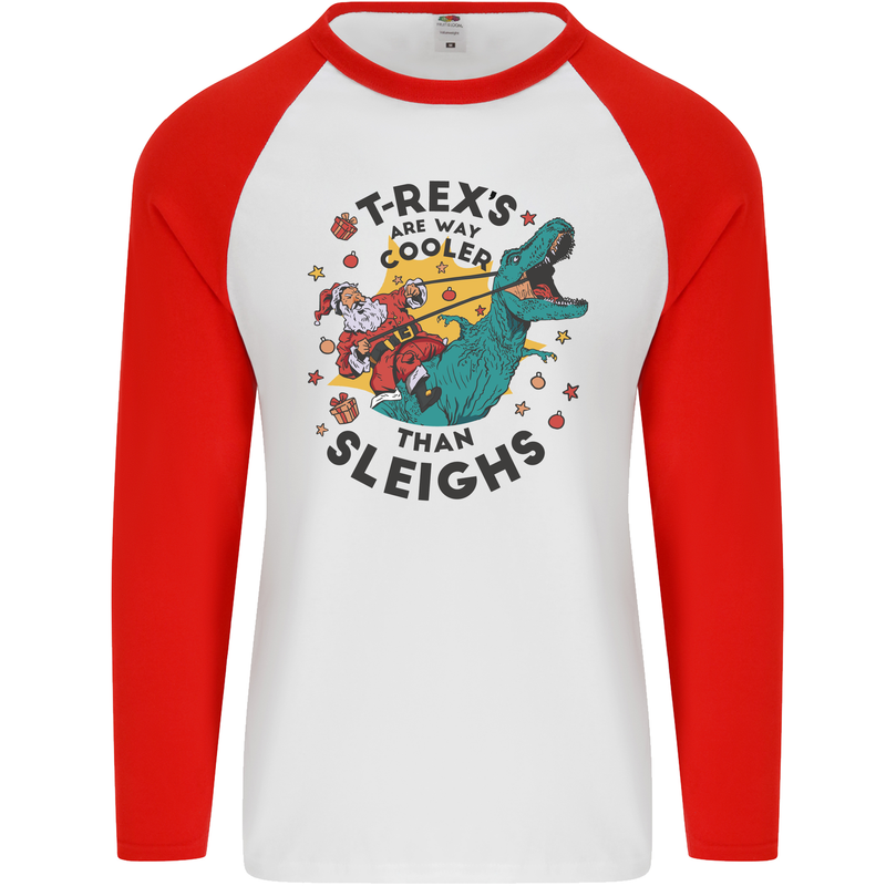 T-Rex Cooler than Sleighs Funny Christmas Mens L/S Baseball T-Shirt White/Red