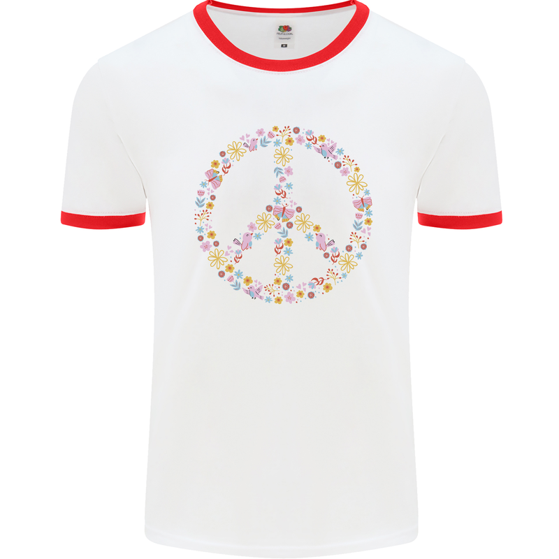 Floral Peace Symbol Hippie Love Mens Ringer T-Shirt White/Red
