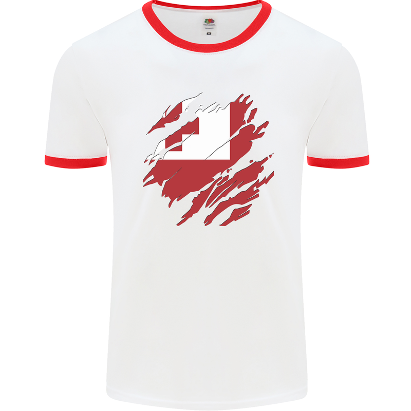 Torn Tongo Flag Tongan Day Football Mens Ringer T-Shirt White/Red