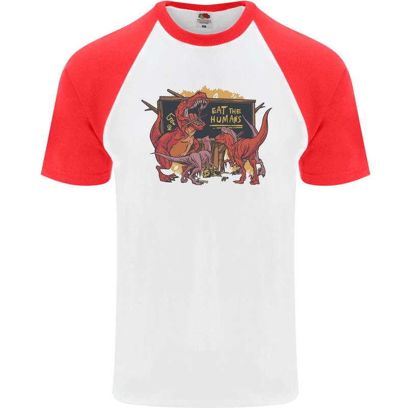 T-Rex Teacher Eat the Humans Dinosaur Funny Mens S/S Baseball T-Shirt White/Red