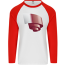 Curled Qatar Flag Qatari Day Football Mens L/S Baseball T-Shirt White/Red