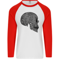 Mandala Skull Gothic Biker Motorbike Mens L/S Baseball T-Shirt White/Red