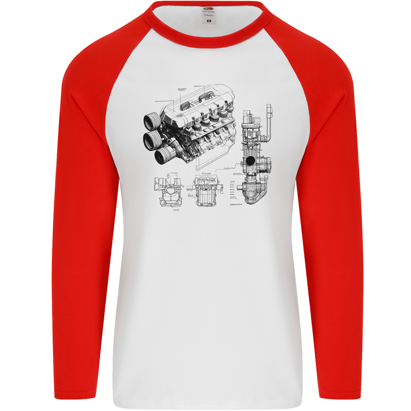 Car Engine Blueprints Petrolhead Mens L/S Baseball T-Shirt White/Red