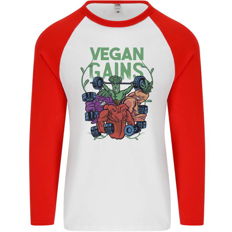 Vegan Gym Bodybuilding Vegetarian Mens L/S Baseball T-Shirt White/Red