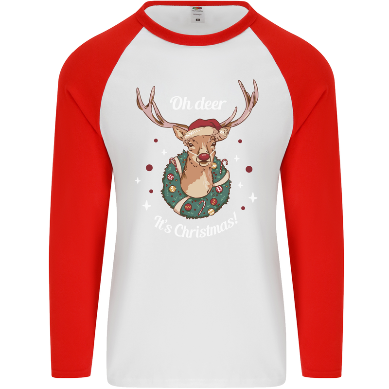 Oh Deer Its Christmas Funny Hunting Hunter Xmas Mens L/S Baseball T-Shirt White/Red