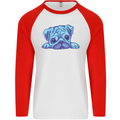 A Blue Watercolour Pug Mens L/S Baseball T-Shirt White/Red