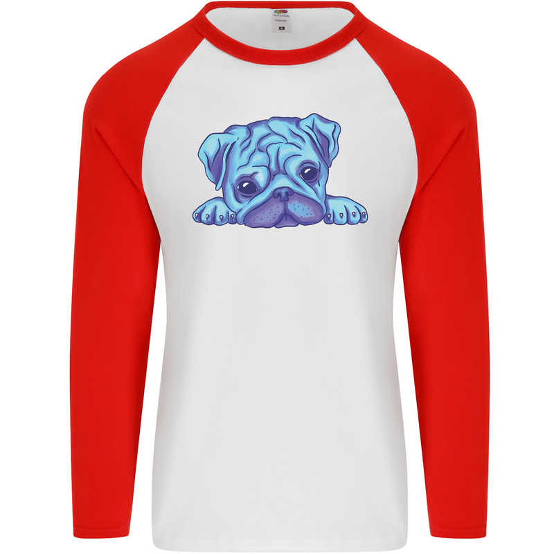 A Blue Watercolour Pug Mens L/S Baseball T-Shirt White/Red