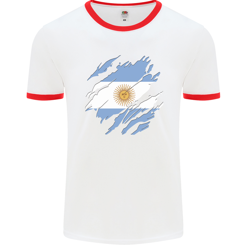 Torn Argentina Flag Argentinian Day Football Mens Ringer T-Shirt White/Red