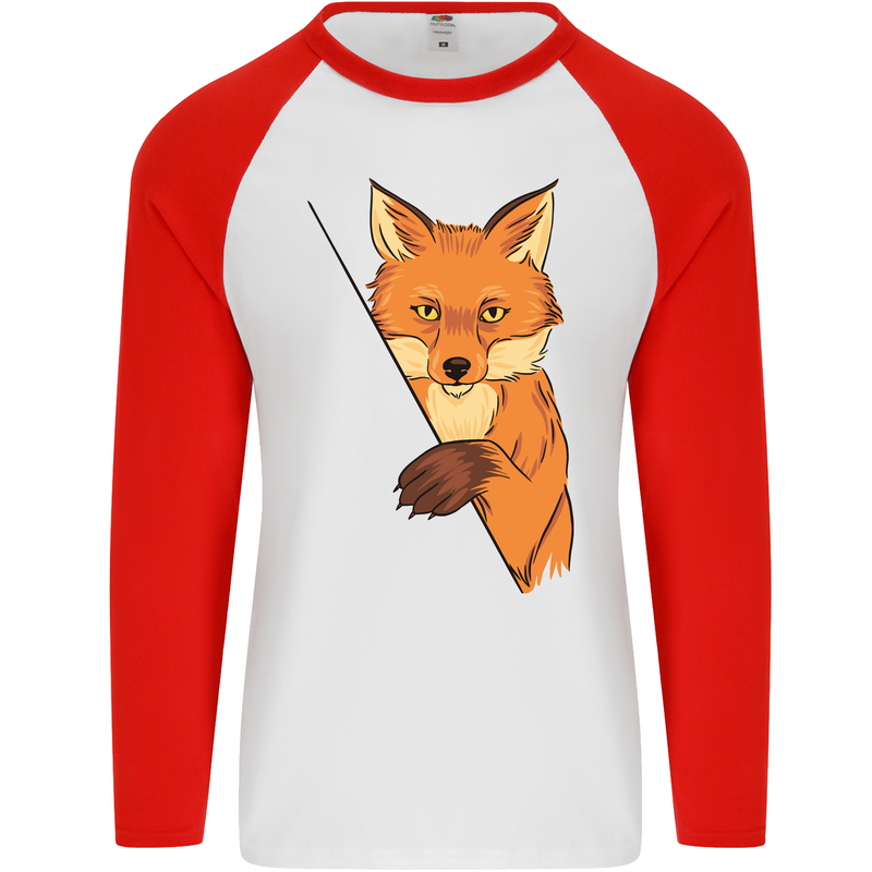 An Orange Fox Illustration Mens L/S Baseball T-Shirt White/Red