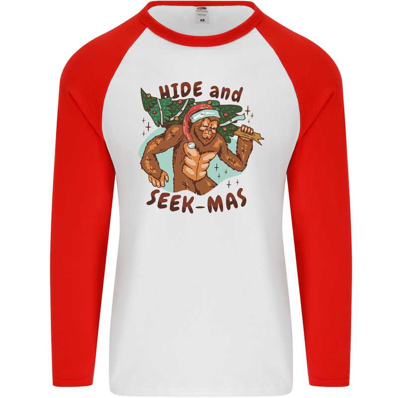 Bigfoot Hide and Seekmas Funny Christmas Mens L/S Baseball T-Shirt White/Red
