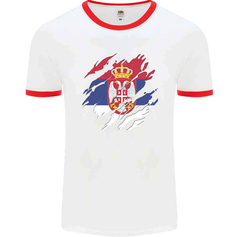 Torn Serbia Flag Serbia Day Football Mens Ringer T-Shirt White/Red