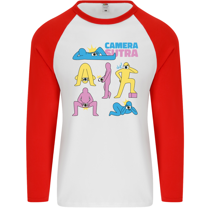 Camera Sutra Photography Photographer Funny Mens L/S Baseball T-Shirt White/Red