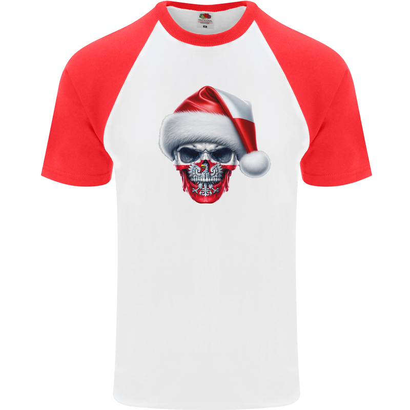 Poland Christmas Skull Xmas Polish Biker Flag Mens S/S Baseball T-Shirt White/Red