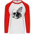 A Butterfly Skull Mens L/S Baseball T-Shirt White/Red